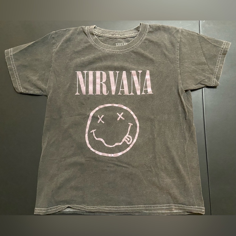 NIRVANA Charcoal Smiley Face Tee ~ Distressed ~ Sz Y Small